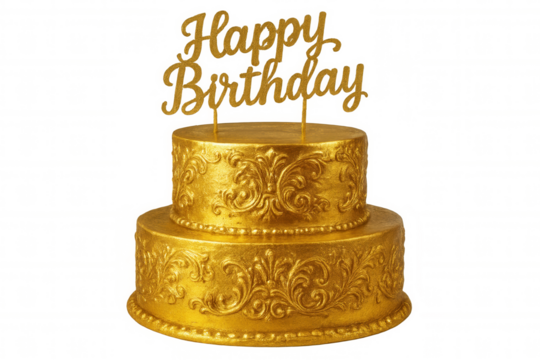 Golden tiered birthday cake featuring elegant swirls, crowned with golden happy birthday topper, sitting against transparent backdrop
