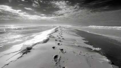 A grayscale path of footprints leads through a sandy beach, towards a vast ocean.  Waves gently crash on the shore,  sky full of dramatic clouds