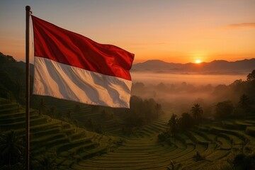 National flag at sunrise in lush landscape