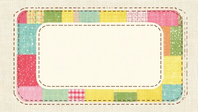 Quilt-style label frame.  Colorful patchwork border.  Cream background.  Stitched outline