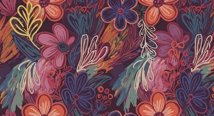 Vibrant Floral Pattern with Bold Colors and Hand-Drawn Details