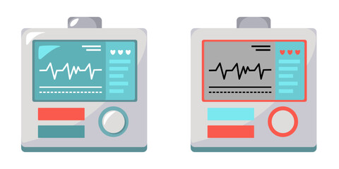 ECG machine icon set. Working monitor for medical equipment flat design. Life-supporting appliance. Digital device for vital signs monitoring. ECG machine displaying heartbeat, pulse, pressure.