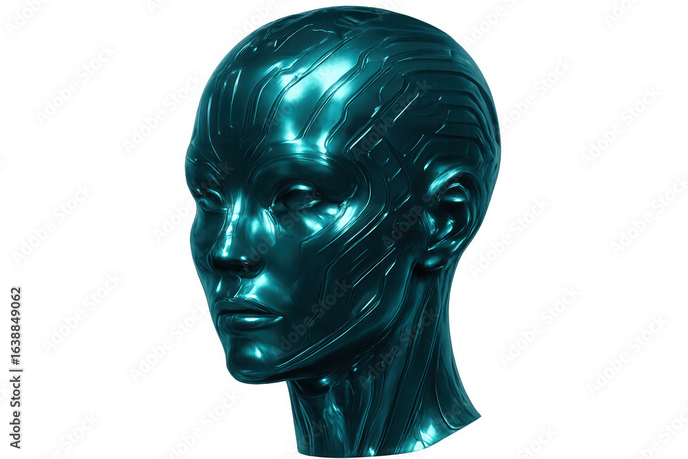Poster turquoise metallic android head with visible circuitry representing artificial intelligence on a tra