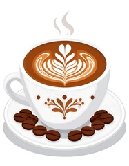 Obraz premium Steaming cup of latte art coffee on saucer with beans