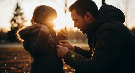 Father lovingly helps his daughter zip up her winter coat during a golden sunset walk.