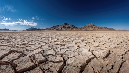 Vast, cracked earth stretches to distant mountains under a vibrant blue sky (1)