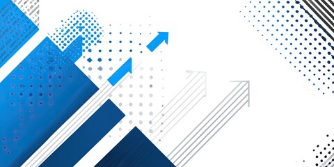 Abstract graphic design with diagonal, blue and white shapes, and upward-pointing arrows