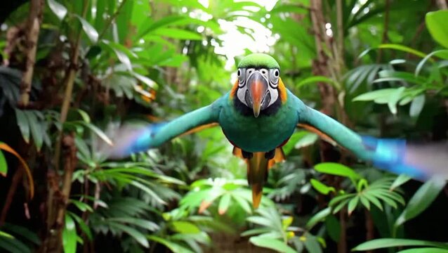 primerísimo plano hiperdetallado de un loro tropical en pleno vuelo