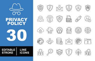 Privacy policy set of web icons in line style. Exclusive privacy policy linear icon collection. Containing globe, lightning, mail, user, fingerprint, padlock, wifi, cloud, database. Editable stroke