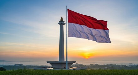 Fototapeta premium National flag over monument sunrise