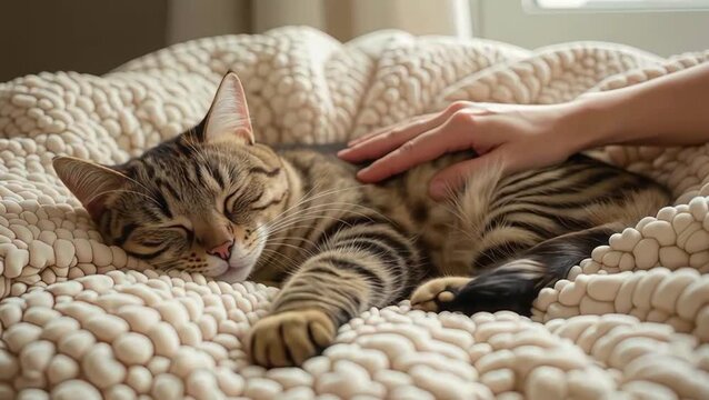 Una mano humana descansa inmóvil y delicadamente sobre el lomo de un gato  dormido
