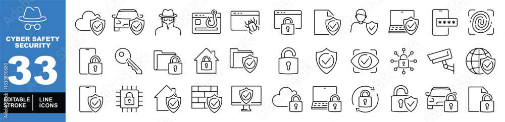Poster cyber safety set of web icons in line style. exclusive cyber safety linear icon collection. containi