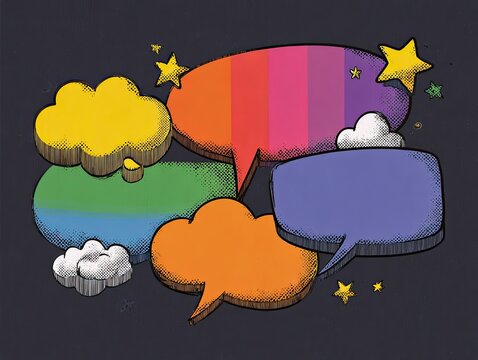 Colorful speech bubbles and clouds arranged in a graphic design