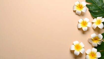 Naklejka premium Tropical flowers and leaves on beige background