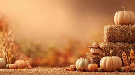 Fall Festival, Warm amber to chestnut brown gradient, 3D hay bales, scarecrow, pumpkins and corn stalks in sunny harvest field