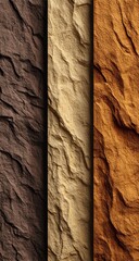 Three vertical bands of textured stone, transitioning from dark brown to light beige to burnt orange