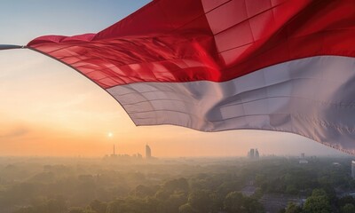 National flag waving over city