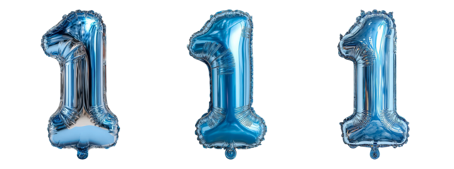 Three Metallic Blue Balloons in the Shape of the Number One