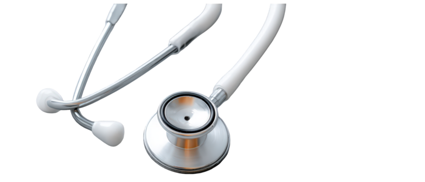 A professional medical stethoscope featuring white tubing earpieces and a shiny silver metal chestpiece.