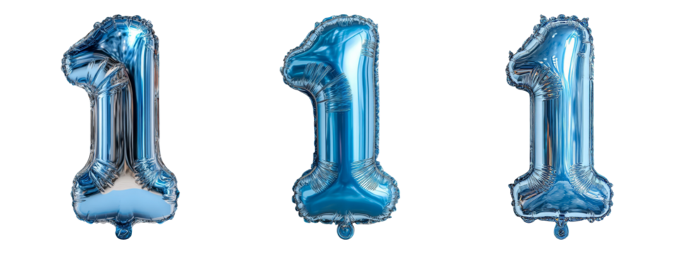 Three Metallic Blue Balloons in the Shape of the Number One
