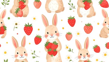 Fototapeta premium Seamless pattern of cute bunnies holding strawberries and surrounded by flowers and berries