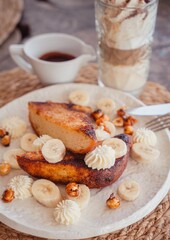 banana macadamia nut french toast with chocolate sauce – tropical island brunch scene
