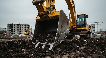 Fototapeta premium Close-up of a Large Excavator Bucket Filled with Debris on the Ground