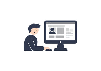 Person Using Computer with Website, Flat Vector Illustration Style