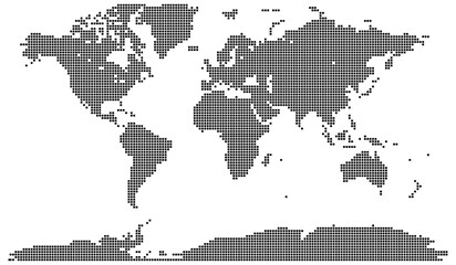 Geometric square shape dotted world map showcasing all countries and their borders.