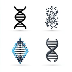Four DNA representations, varying in style.  Two depict classic DNA double helix, one in black outline, another in 3D solid black. 