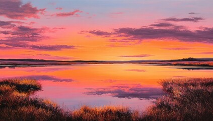 Obraz premium Sunset over a tranquil marsh. Peaceful, vibrant colors. Calm water reflects sky
