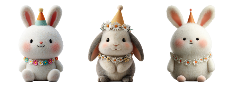 Adorable Plush Bunnies in Party Hats with Floral Accessories