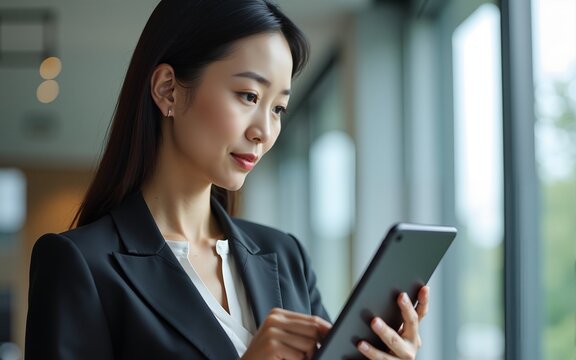 Dreaming thoughtful portrait of mature Asian woman business specialist female manager. Professional businesswoman CEO holding digital tablet using fintech tab for work in modern office. Copy space