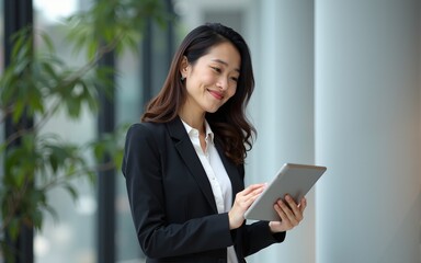 Fototapeta premium Asian mature woman ceo analyst manager using tablet for business work. Smiling entrepreneur businesswoman leader in formal clothes holding touchscreen pc device in office. Vertical portrait at camera