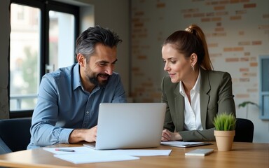 Obraz premium Team of diverse partners sitting at table mature Latin business man and European business woman discussing project on laptop in office. Two colleagues of professional business people working together.