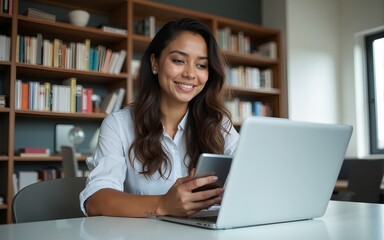 Hispanic business woman manager using cell phone mobile app, laptop. Smiling Latin or Indian student girl holding smartphone sitting in office or modern library, working online on gadget, copy space.