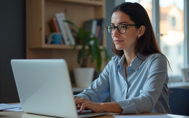 European mature woman in eyeglasses using computer for finance data analysing work online. Focused financial specialist latin hispanic businesswoman working on laptop pc sitting at desk in office.