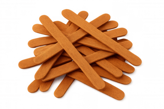 Chaotic orange wooden sticks piling haphazardly, creating geometric shapes with sharp angles against clear backdrop