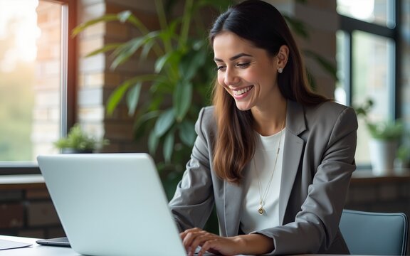 Smiling indian or middle eastern businesswoman professional employee using pc for financial analysing. Latin hispanic business woman working on laptop computer sit in office. Web banner, copy space
