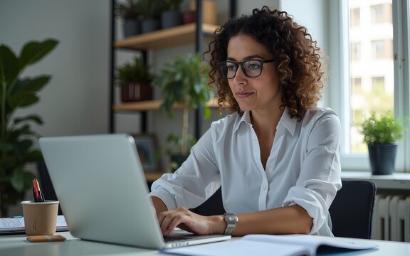European mature woman in eyeglasses using computer for finance data analysing work online. Focused financial specialist latin hispanic businesswoman working on laptop pc sitting at desk in office.