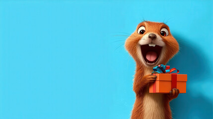 Obraz premium Happy Cartoon Animal Holding Gift on Bright Blue Background