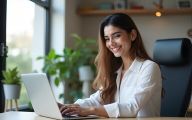 Smiling young indian business woman, it specialist using laptop at work in office. Female freelance entrepreneur working on online technological project on computer pc at company workplace. Copy space