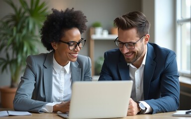 Team of diverse partners sitting at table mature Latin business man and European business woman discussing project on laptop in office. Two colleagues of professional business people working, close up