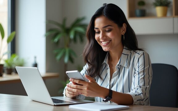 Smiling Latin hispanic woman working on smartphone sitting at desk in office for e commerce shopping or studying. Young indian girl using cell phone mobile for work business chat. Vertical portrait