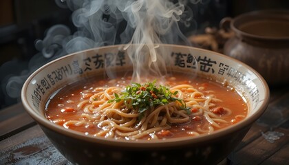 Bowl of spicy ramen with red broth, floating chili oil drops, and steam rising in dramatic