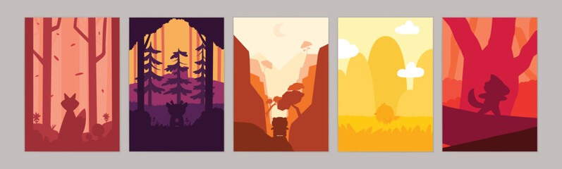 Set of Flat Minimalist Autumn Poster with Forest Animal Silhouettes. Perfect for seasonal wall art, posters, greeting cards, and social media graphics