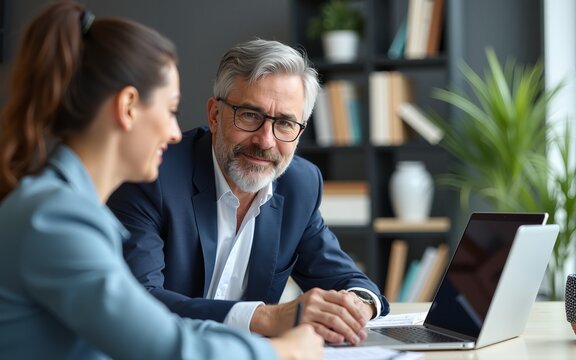 Mature 50s age Latin business man mentoring mid age European business woman discussing project on laptop in office. Two colleagues, group of partners, professional business people working together.