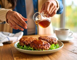 Hands Pouring Syrup Over Meat Cutlets On Plate