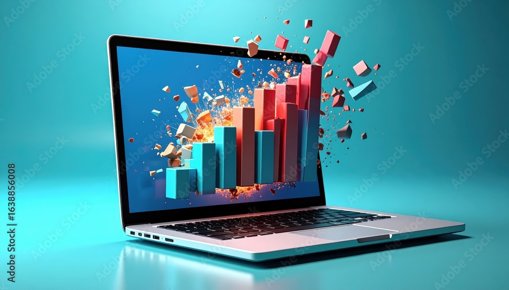 Poster exploding graph on laptop screen