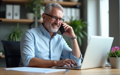 Positive financial specialist senior man working on laptop computer in office, having cell phone call. Mature businessman professional using pc, analysing business project, holding report document